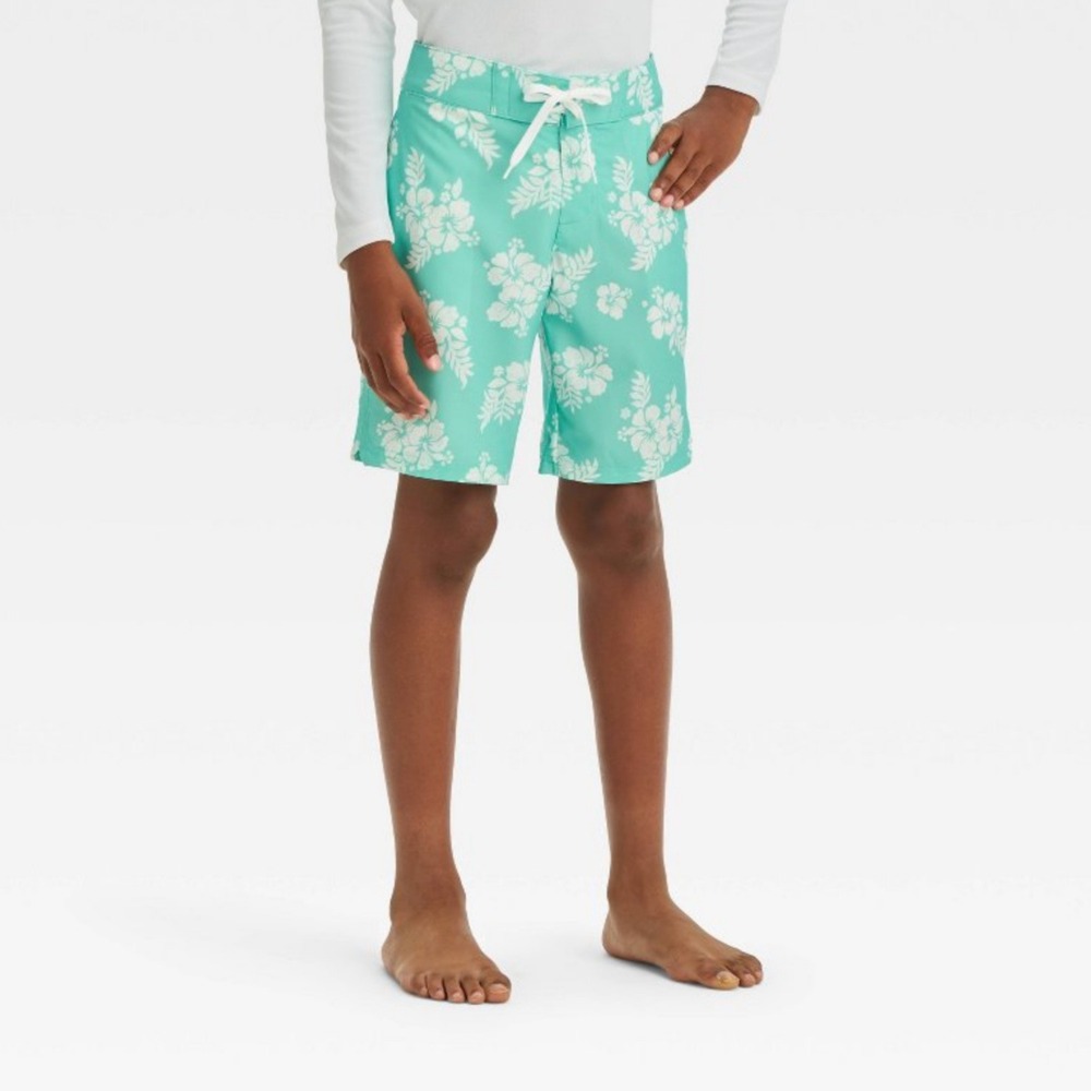 Art Class Boys Floral Swim Shorts Green White Hawaiian Floral UPF 50+ NWT Sz 14